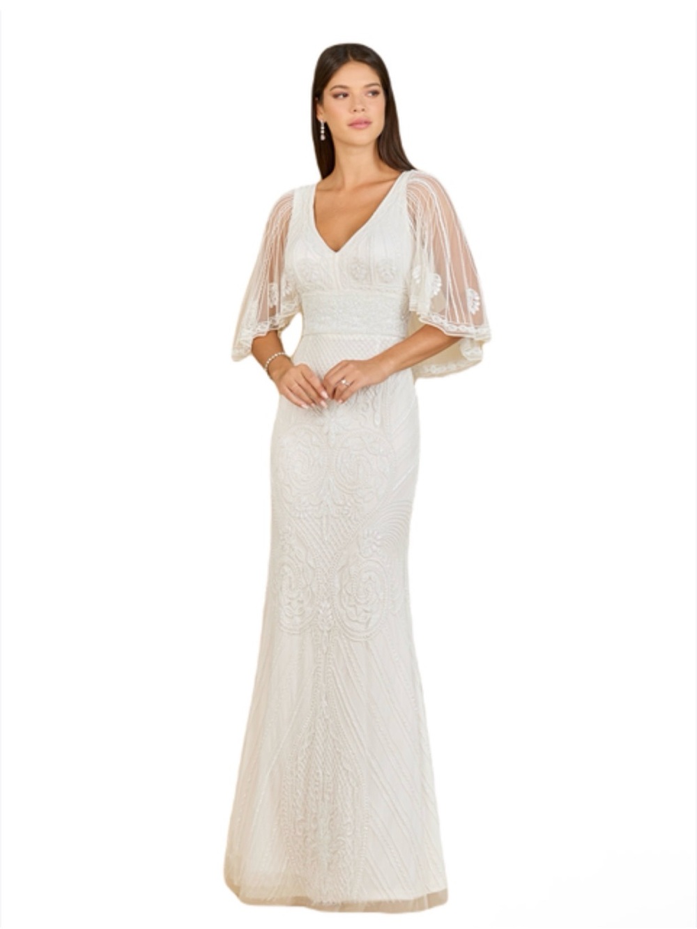 White Lace Hand Beaded Wedding Gown with Sheer Cape Sleeves Size 2 (up to sz 6)